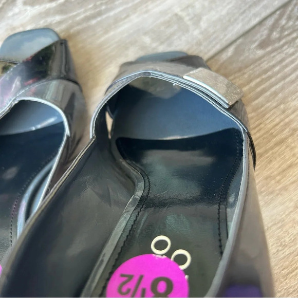 Franco Sarto I- ABIDE Grey Black Patent Leather Open Toe Wedge Pumps - Picture 12 of 16